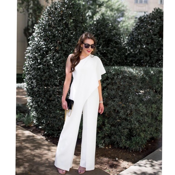 Adrianna Papell Pants - Adrianna Papell One Shoulder Flutter Jumpsuit BLK